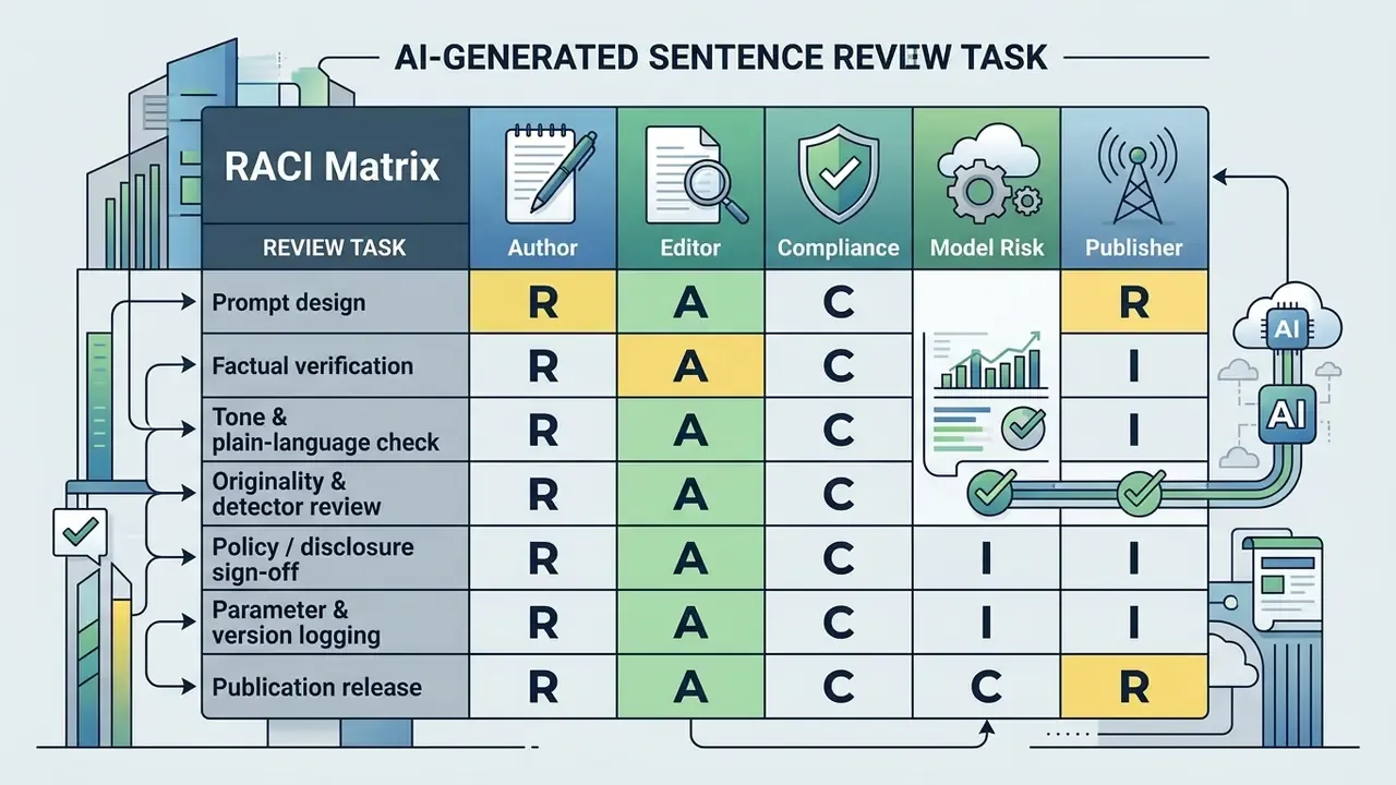 RACI matrix table assigning responsibilities for editorial and compliance tasks across five professional roles