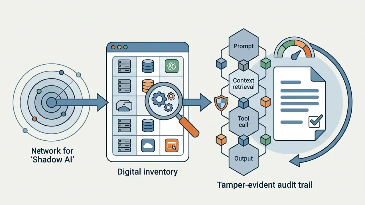 Network nodes and digital inventory flowing into a chained log of prompts and outputs with a status gauge