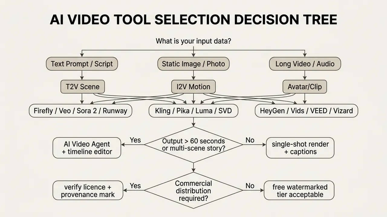 Decision tree mapping input data types to recommended AI video tools based on project requirements
