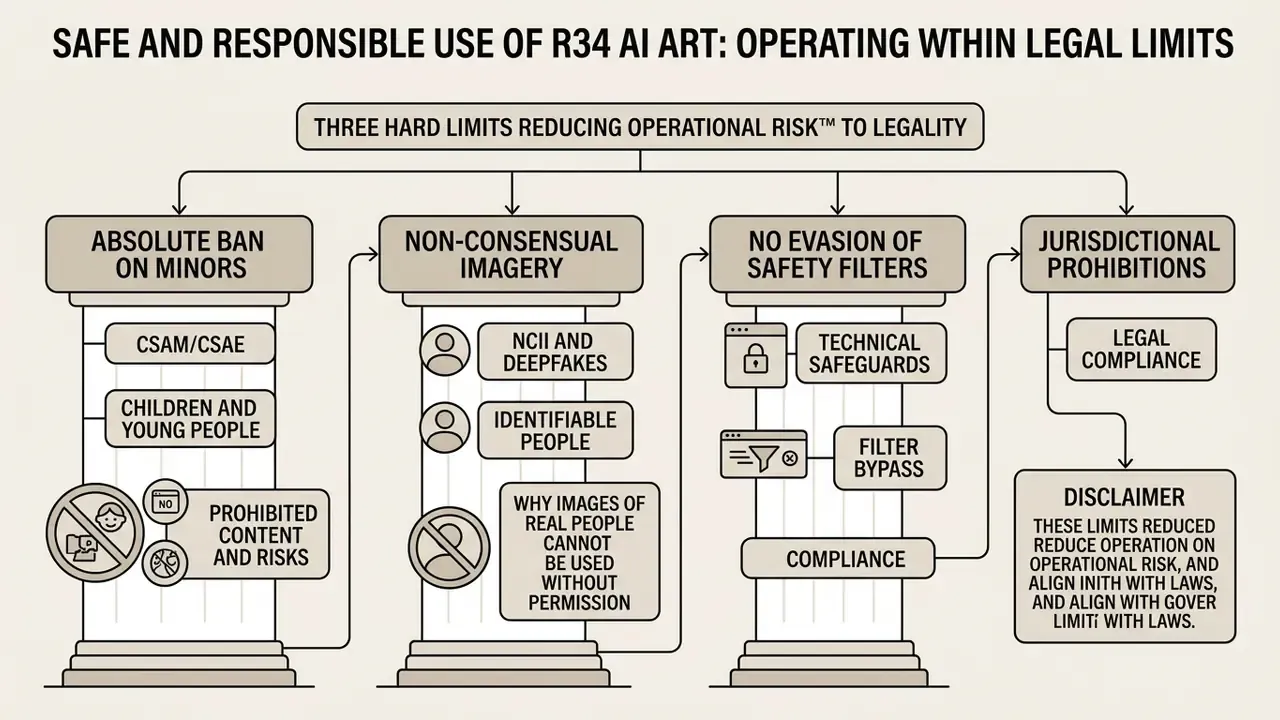 Flowchart displaying four pillars of legal compliance for generative content including bans and restrictions
