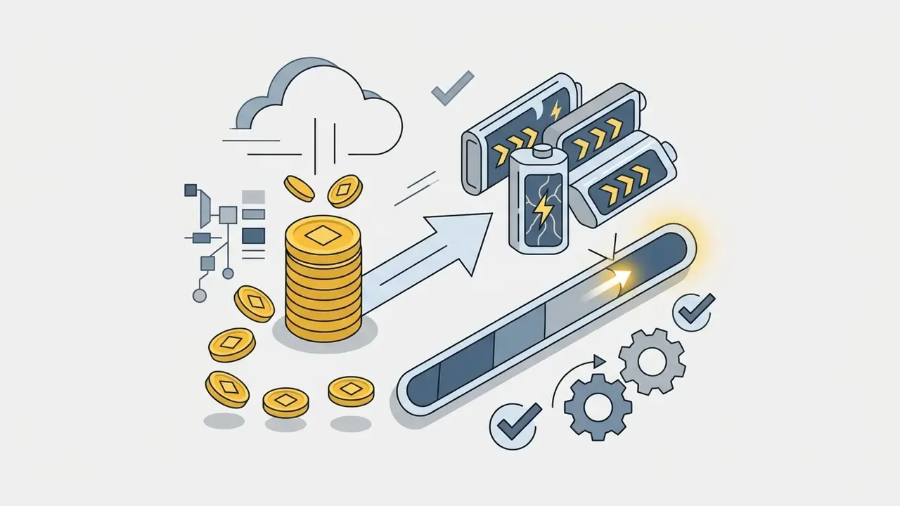 Gold coins converting into battery power to fill a progress bar for faster processing
