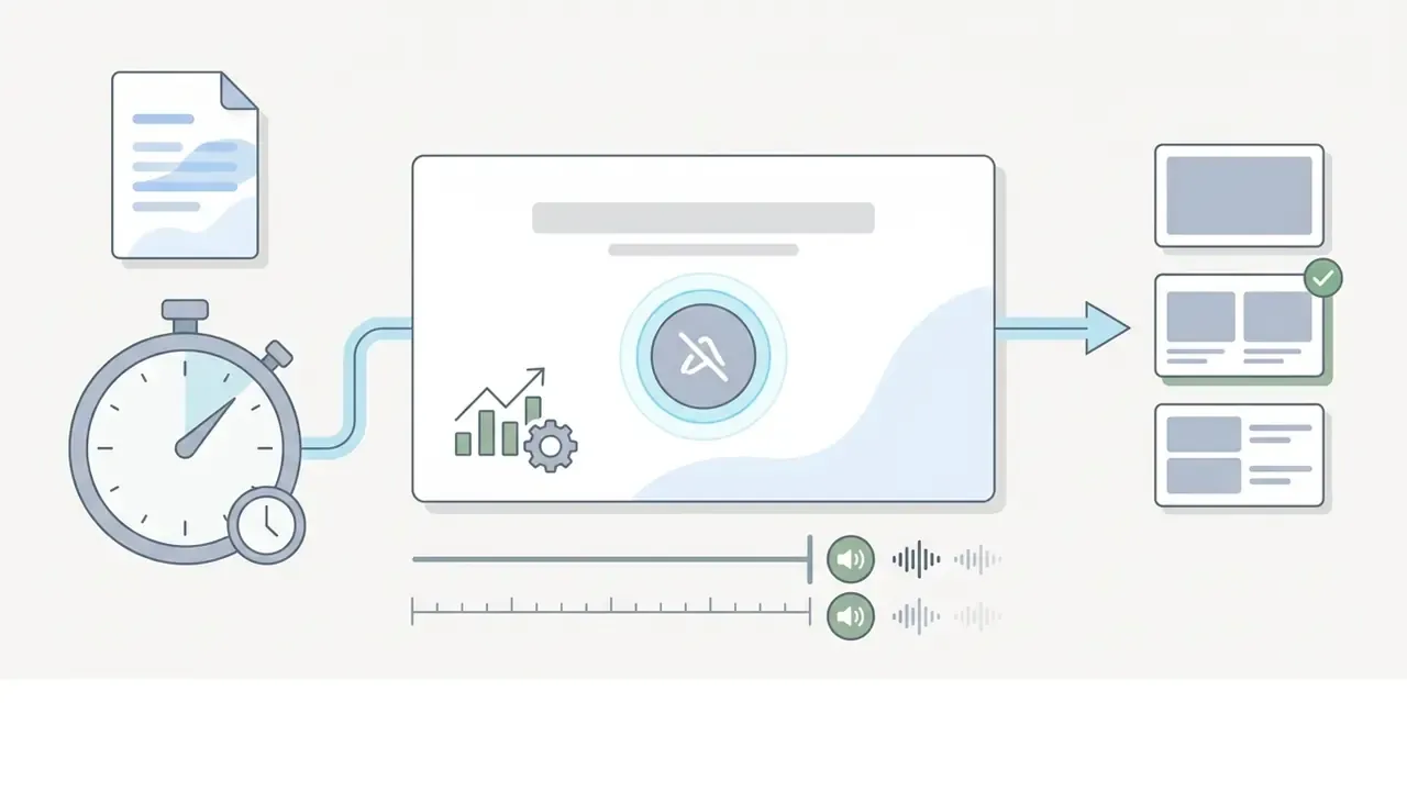 Document and stopwatch icons feeding into a central video frame with audio and layout options