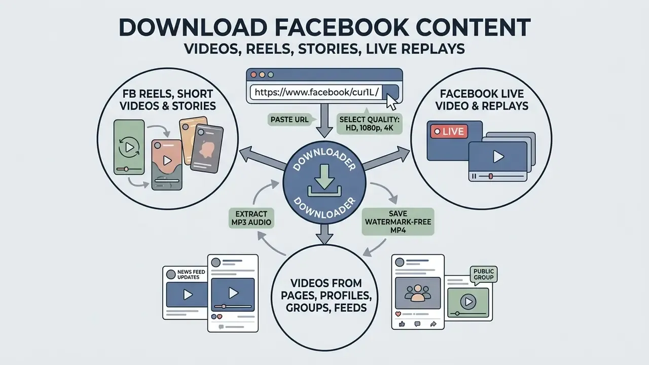 Diagram showing how an online Facebook video downloader processes various content types and file formats