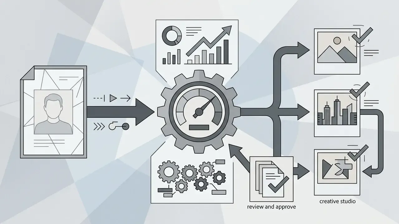 Portrait input feeding into a central gear mechanism to produce diverse approved marketing visuals