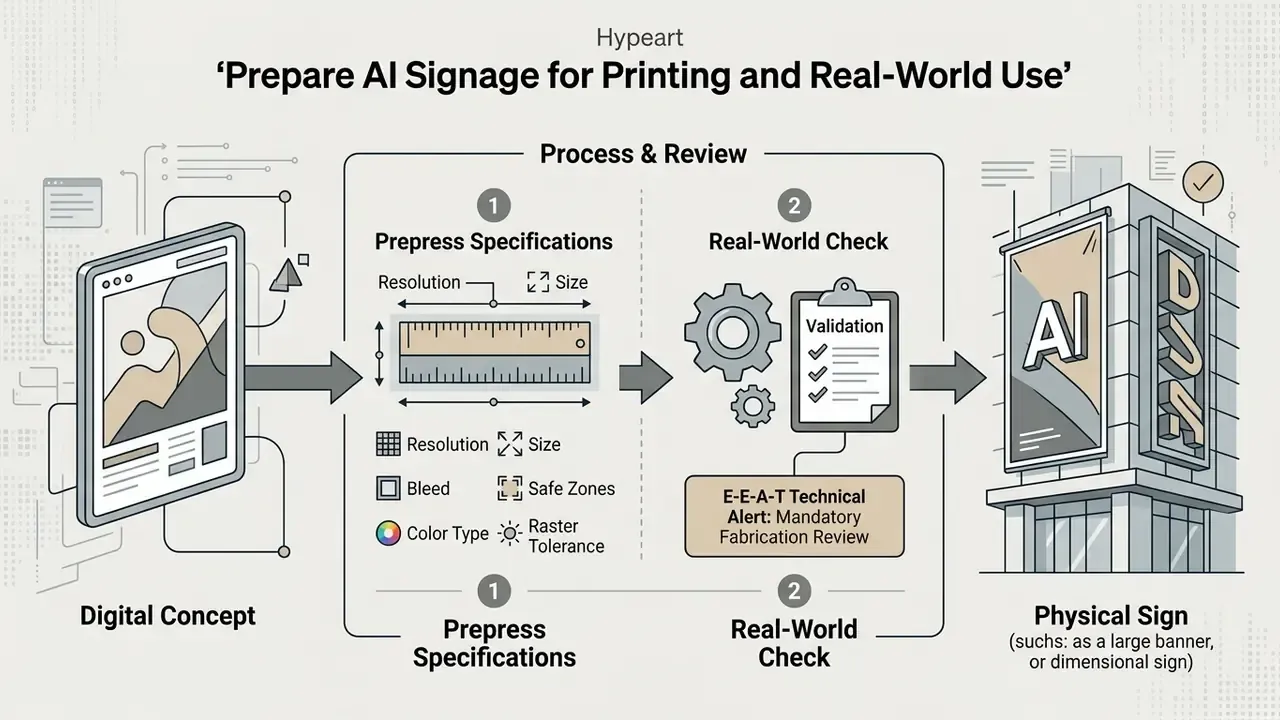 Flowchart showing digital design conversion into physical signage through prepress and validation steps