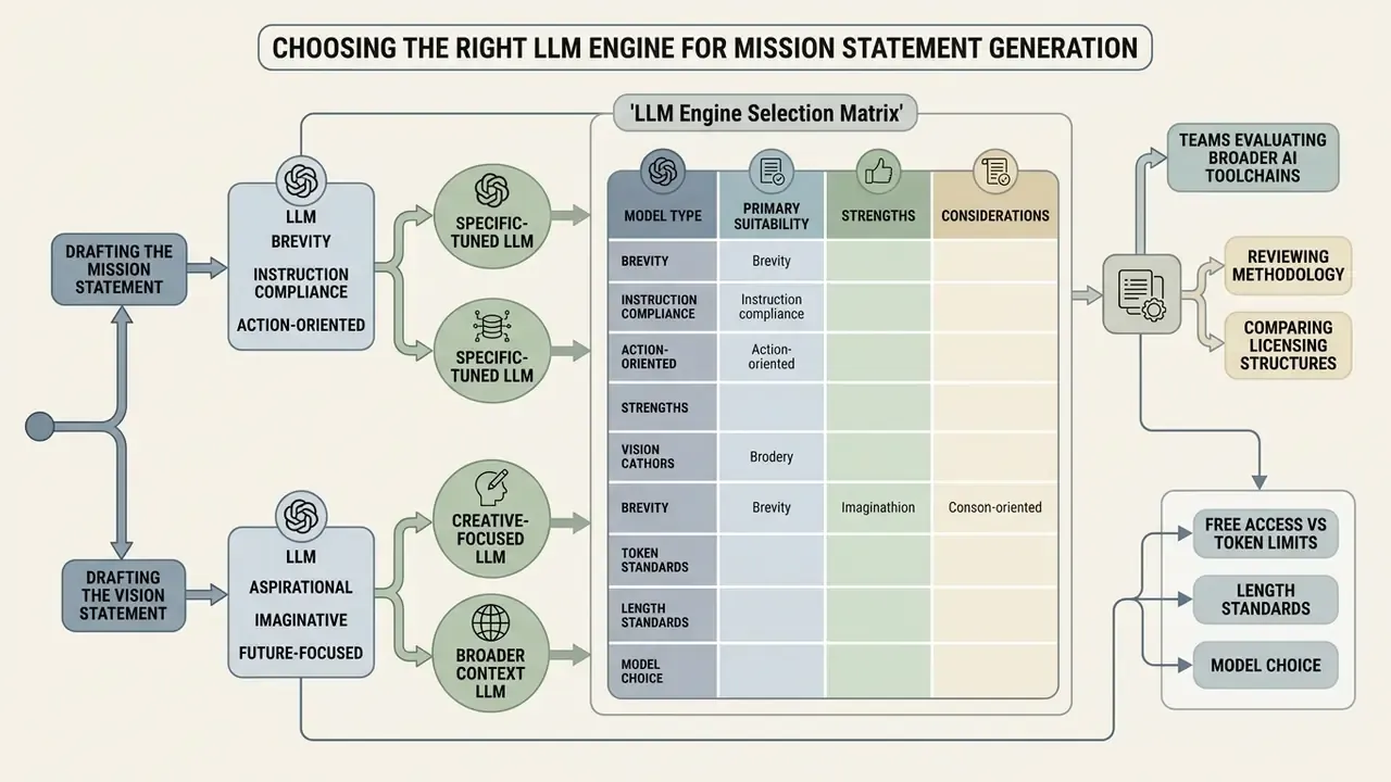 Decision matrix mapping specific LLM capabilities to drafting requirements for business statements