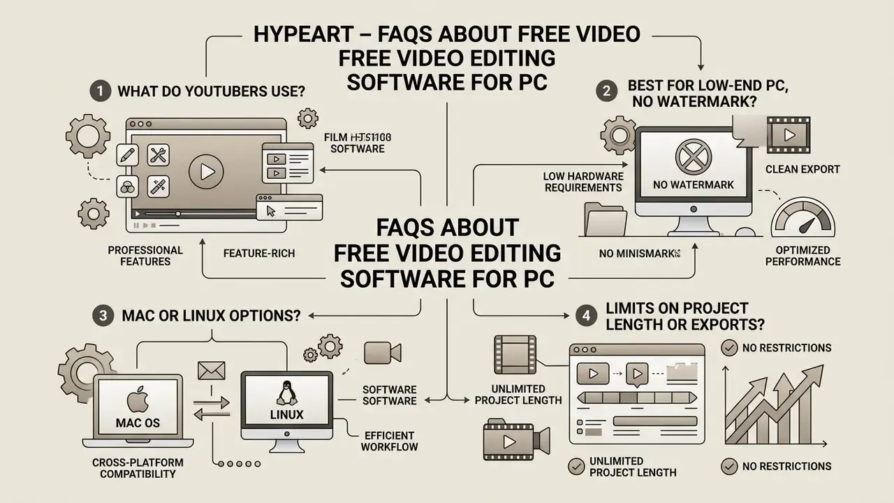 Four-part layout answering common questions about choosing free video editing software for PC