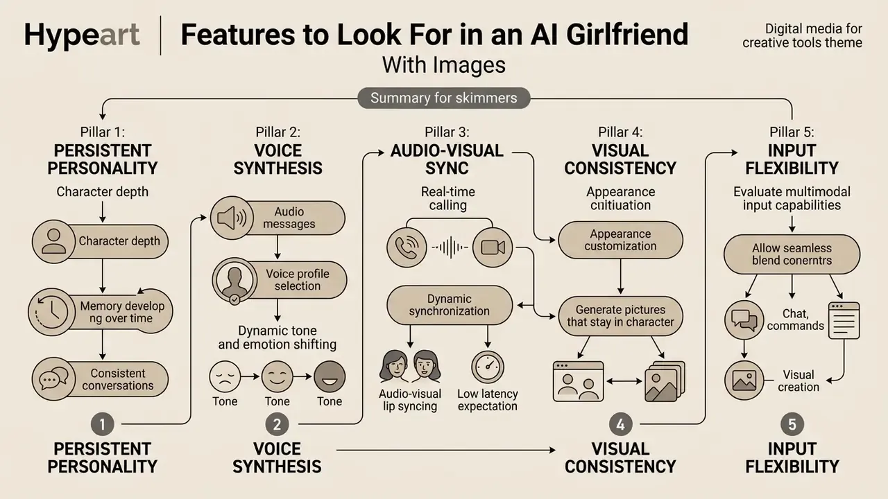 Five pillars infographic outlining key technical requirements for virtual companion platforms