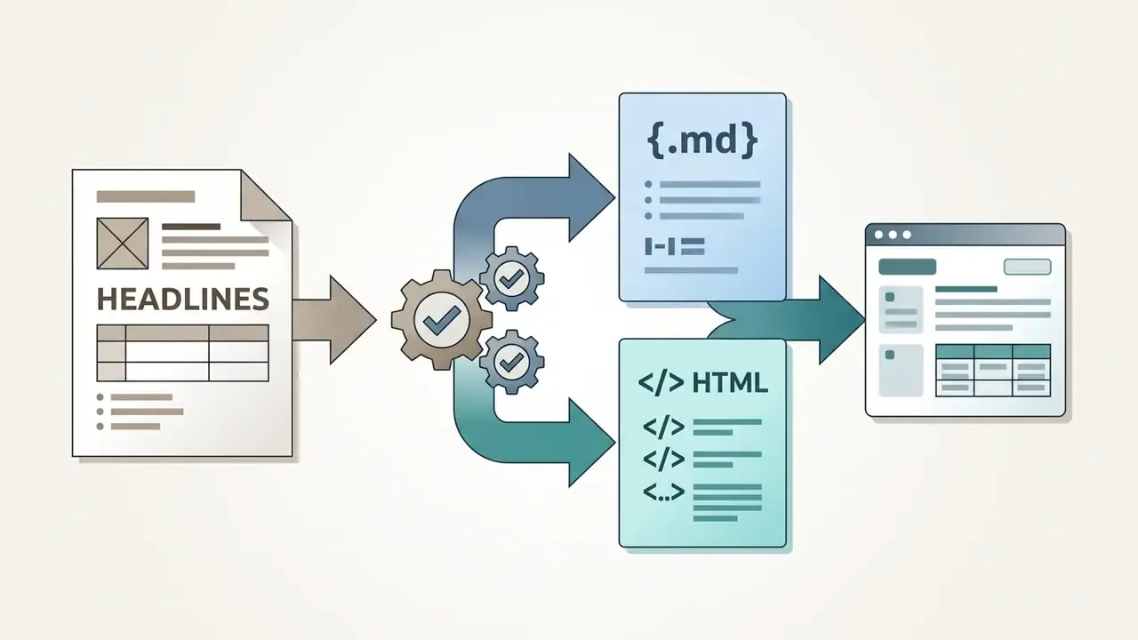 Document being processed by gears into Markdown and HTML files for web publishing