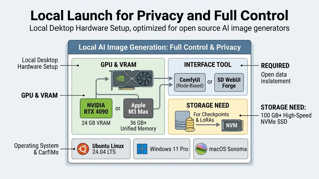Technical diagram detailing hardware, software, and storage requirements for local AI processing