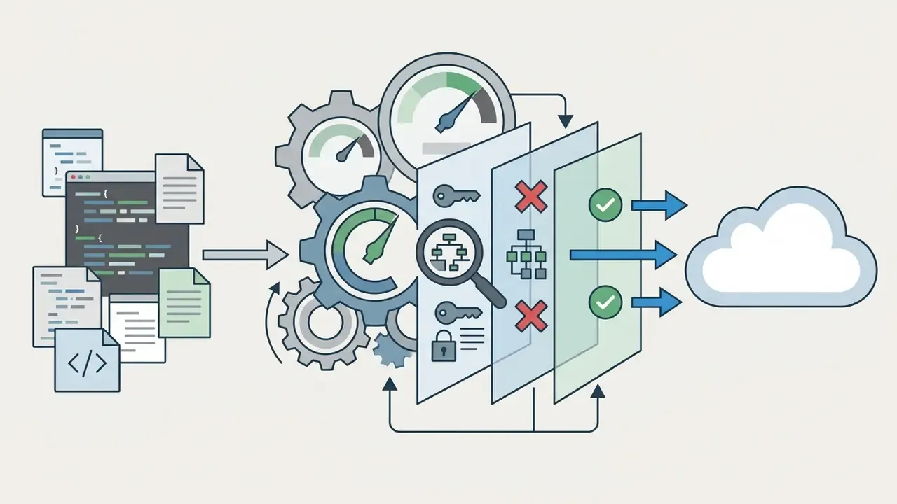Code files passing through gears and security filters into a cloud storage environment
