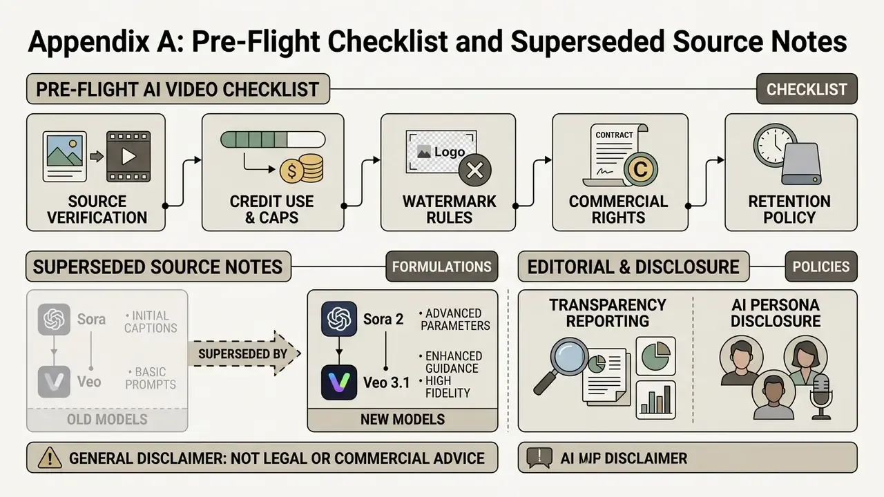 Summary of pre-flight checks, superseded model formulations, and transparency disclosures for AI video tools