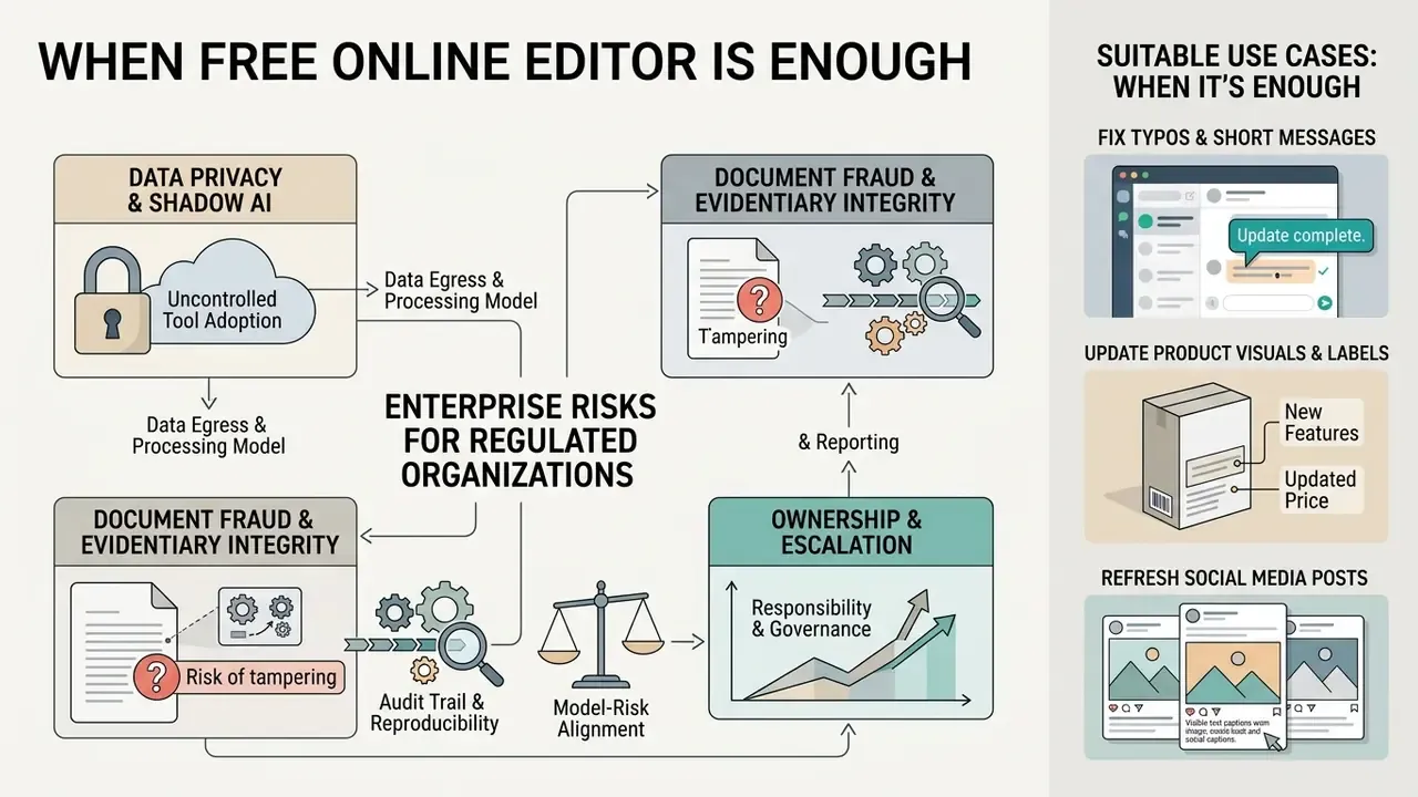 Diagram mapping enterprise risks alongside examples of when to use an online image text editor