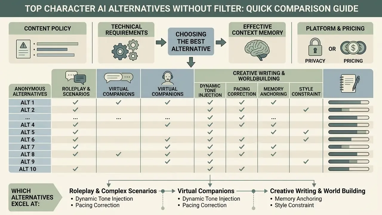 Table evaluating various unfiltered AI platforms based on roleplay, companionship, and creative writing features