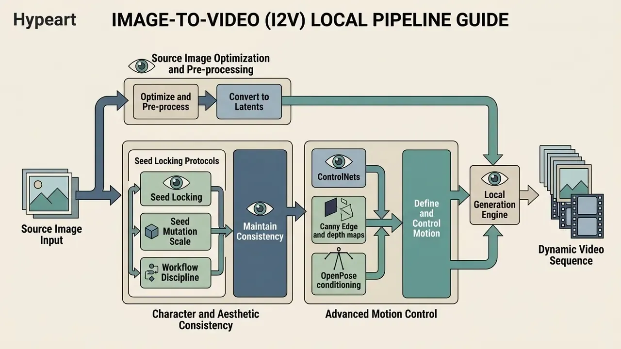 Diagram showing steps from source image input through consistency and motion control to video output