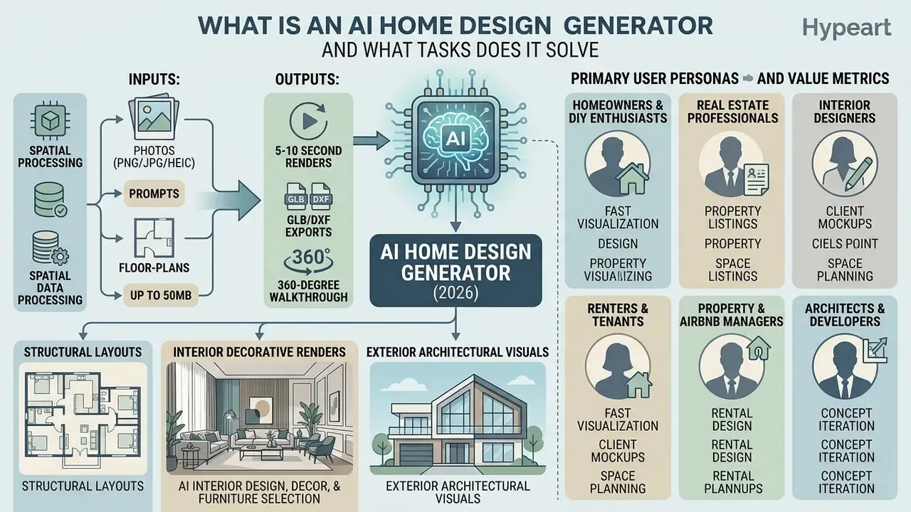 Infographic showing how an AI home design generator processes spatial data into layouts and visual renders