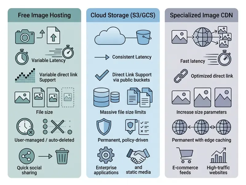 Table comparing features of free image hosting, cloud storage, and specialized image CDN services
