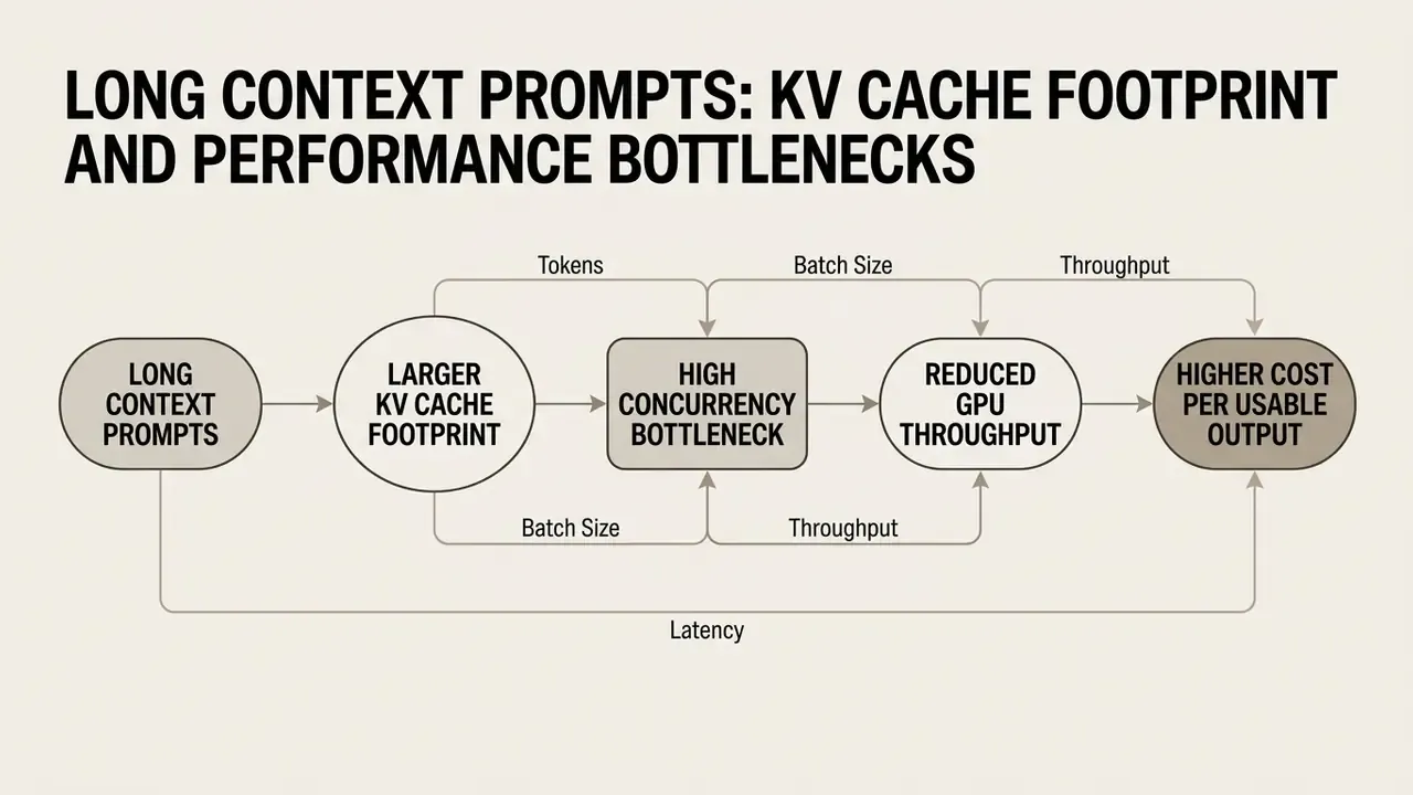 Flowchart showing how long context prompts lead to increased costs through cache and throughput constraints