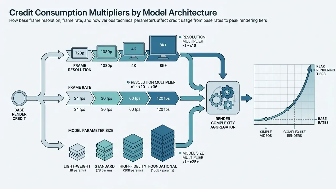 Flowchart showing how resolution, frame rate, and model size scale credit consumption for AI video