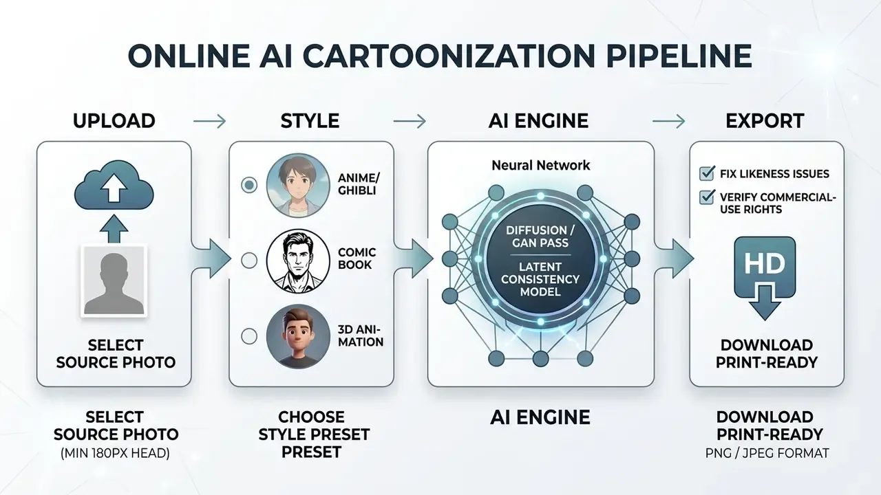 Flowchart showing the four steps to transform a photo using an AI cartoon photo editor