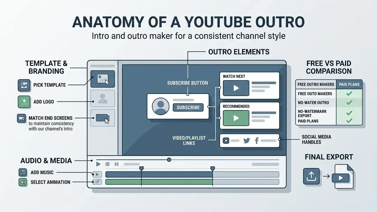 Diagram detailing video editing interface features for customizing YouTube end screens and branding