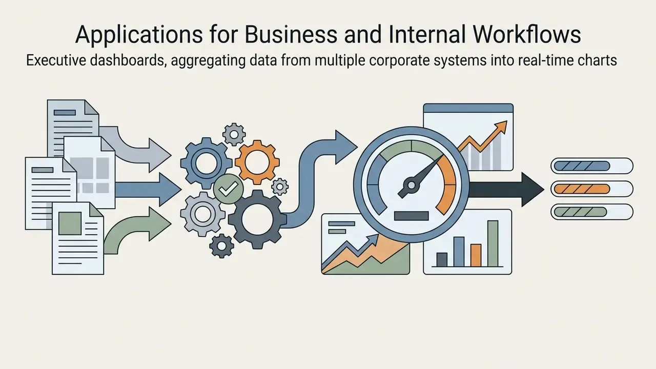 Documents feeding into a gear mechanism that outputs data to a dashboard with gauges and charts