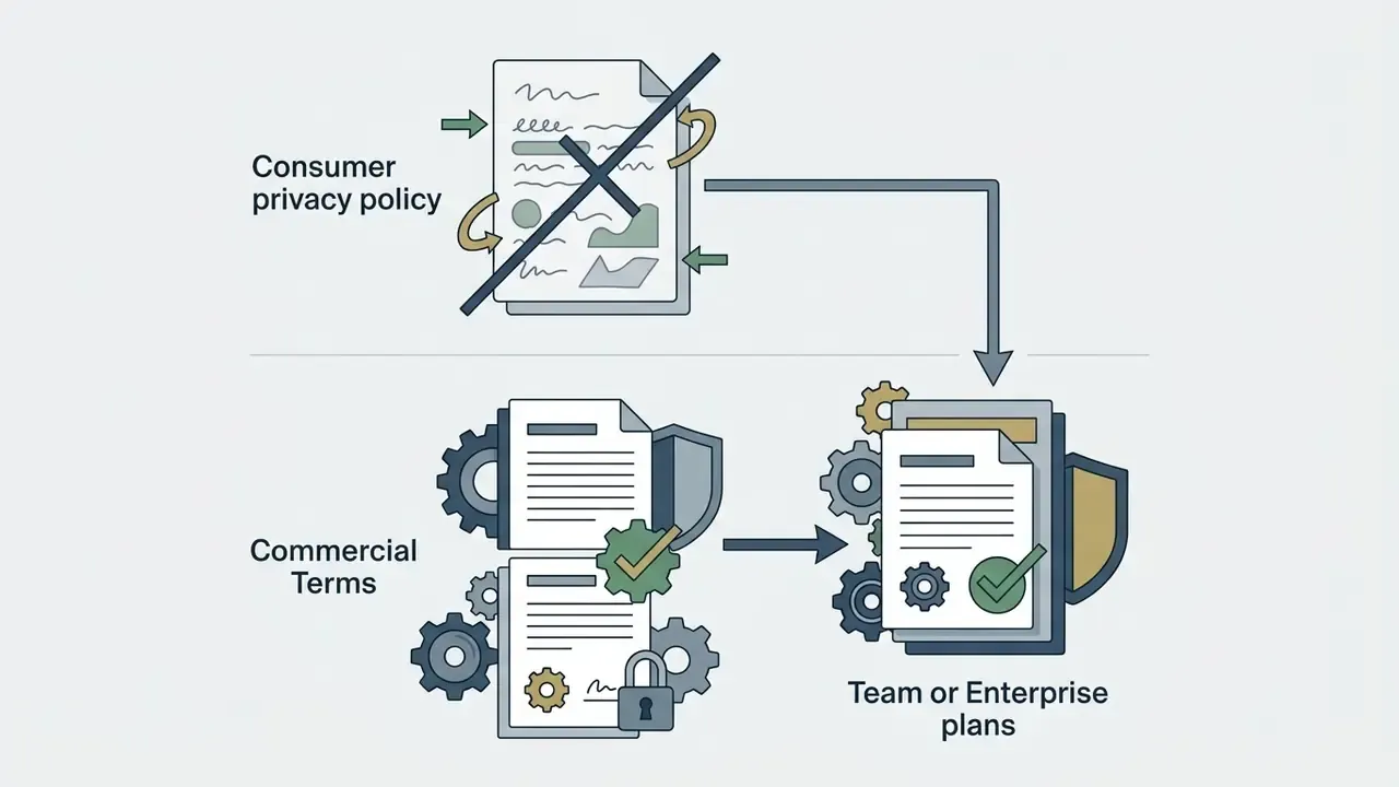 Consumer privacy policy crossed out and replaced by gear-driven commercial terms for enterprise plans