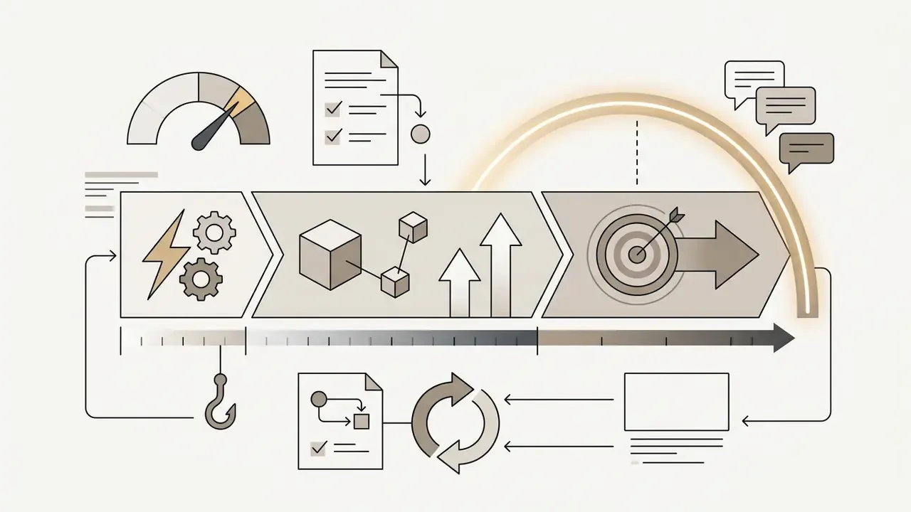 Process diagram showing a progress arrow with icons for content creation, growth, and target engagement