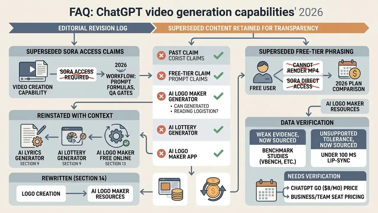 Flowchart documenting superseded ChatGPT video generation capabilities and corrected editorial claims