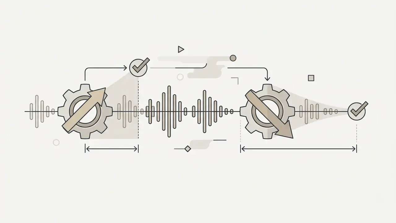 Audio waveform showing gear icons with arrows representing fade in and fade out effects for background music