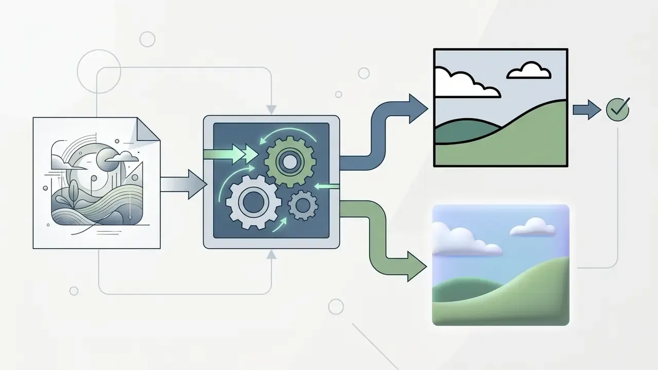 Diagram showing an input image entering a gear-driven processor that outputs flat and 3D cartoon styles