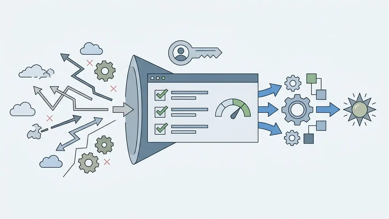 Funnel filtering scattered cloud and gear icons into a structured checklist and organized workflow output