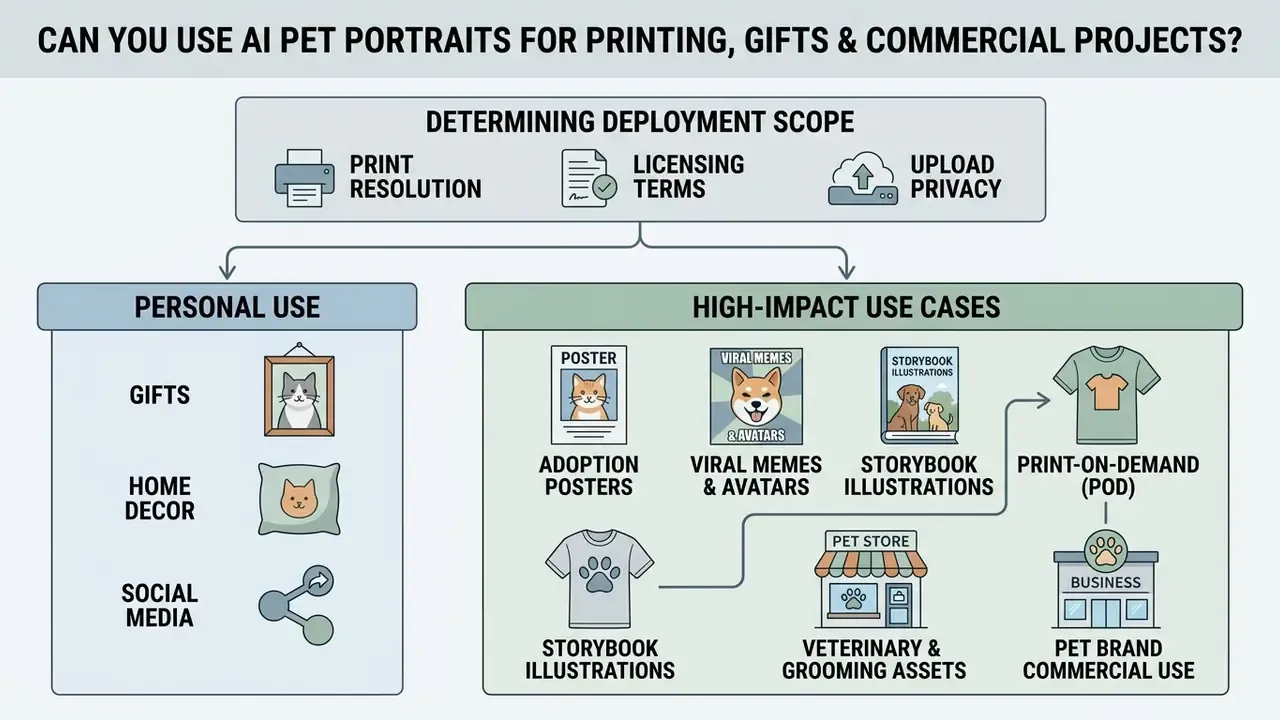 Chart categorizing AI pet portrait use cases into personal projects and high-impact commercial applications
