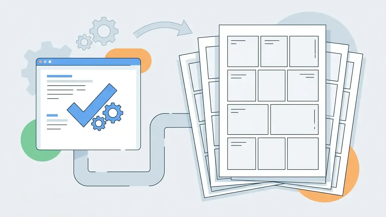 Digital window with checkmark and gears connecting to a stack of blank manga page templates