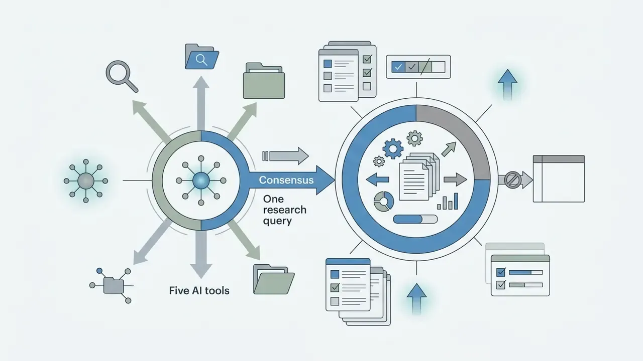 Research query branching into five AI tool icons feeding a central hub with meter and document analysis