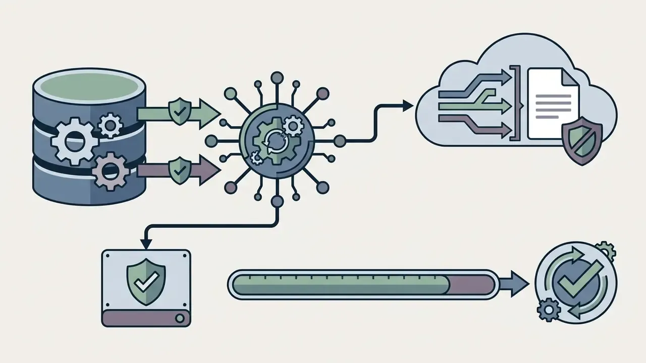 Database gears feeding a central hub that routes data to a cloud server and a validated progress bar