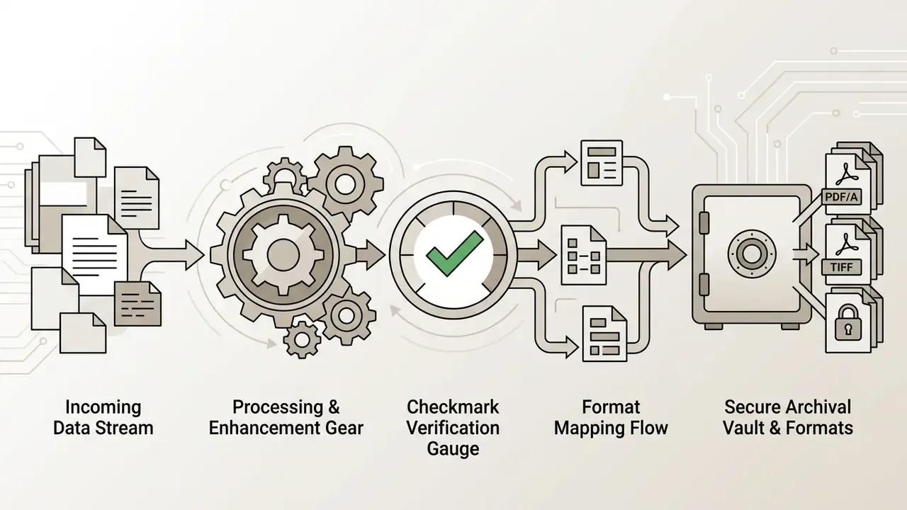 Document processing pipeline with gears, a verification gauge, format mapping, and an archival vault