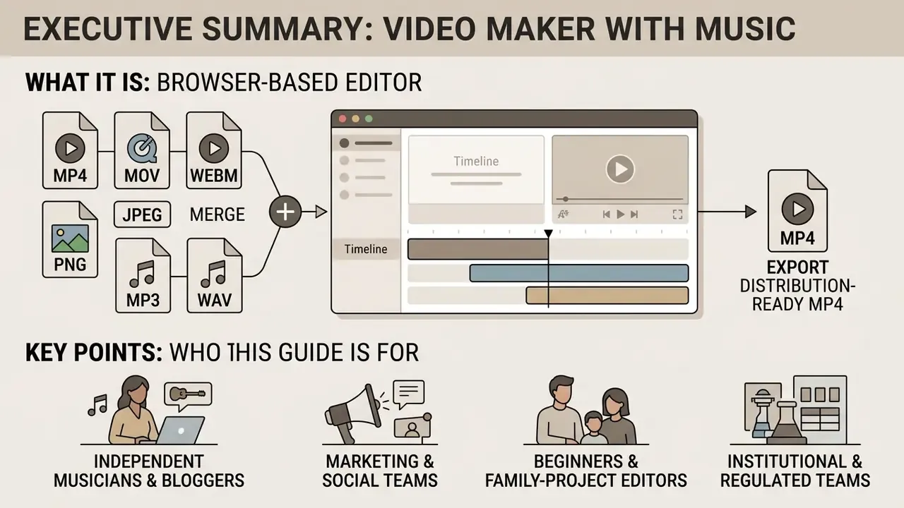 Diagram showing various media files merging into a video maker with music to export an MP4 file