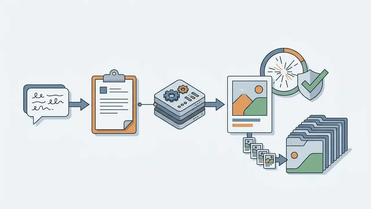 Chat prompt and clipboard data feeding into a processing unit to generate and archive visual outputs