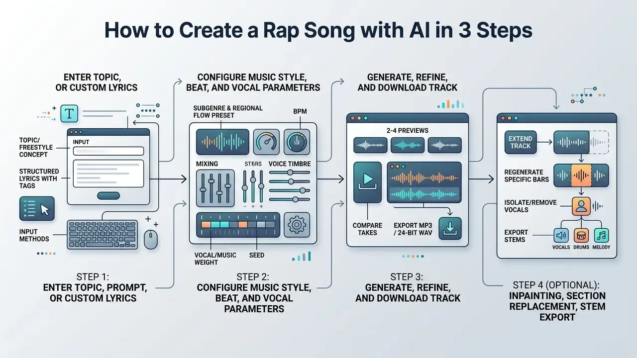 Step-by-step workflow showing text input, parameter configuration, track generation, and audio refinement