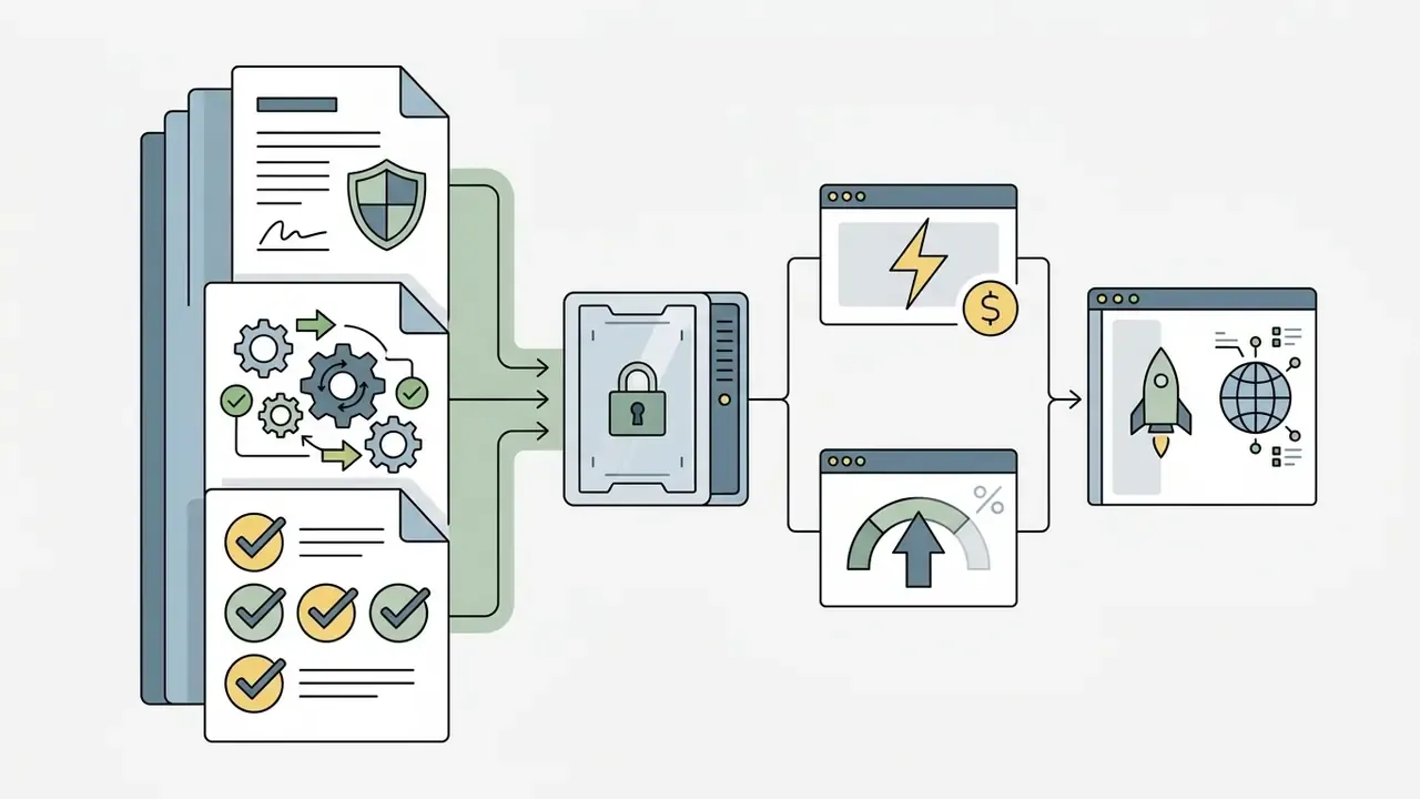 Documents with compliance and process icons flowing into a secure server and out to web deployment metrics