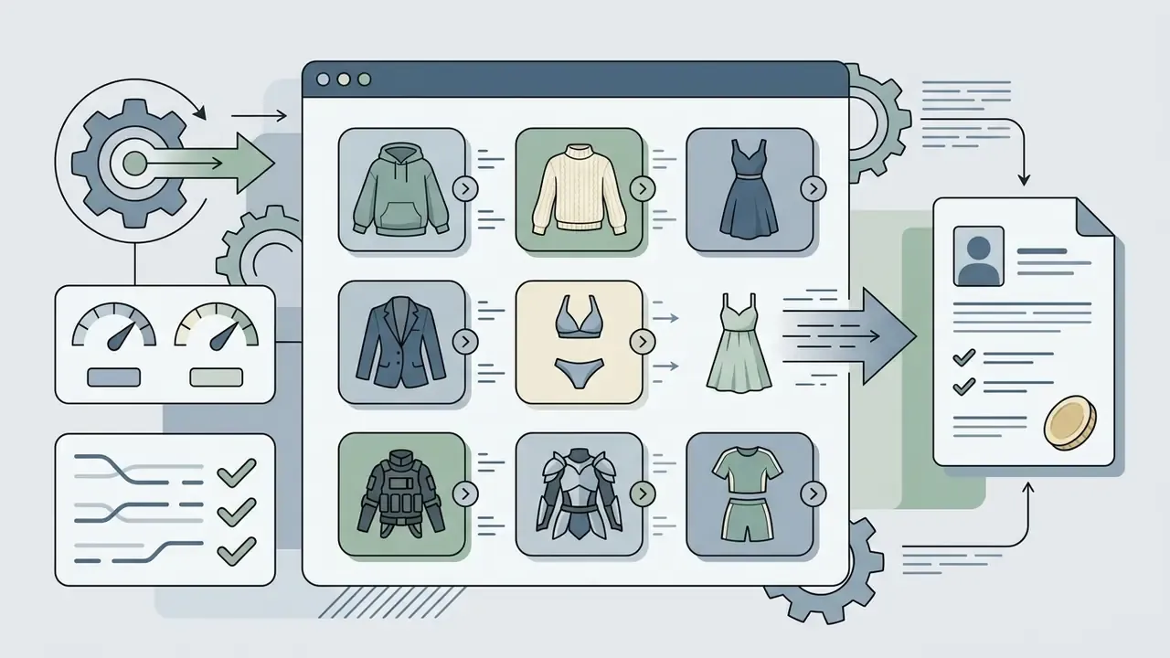 Grid of clothing icons connecting to a profile document through a settings interface with gear graphics