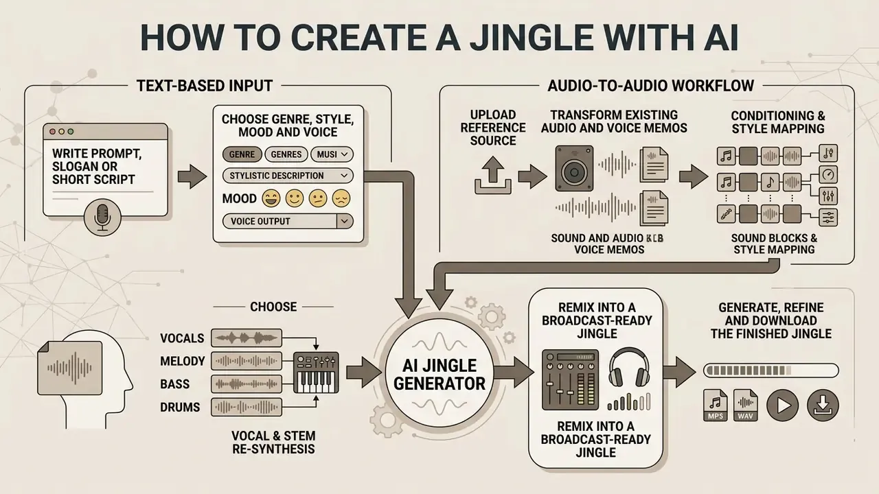 Infographic showing text and audio-to-audio workflows for producing professional musical compositions