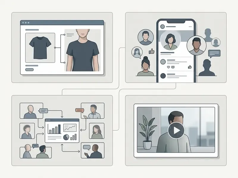 Four panels showing digital applications for synthetic figures in e-commerce, social media, and video
