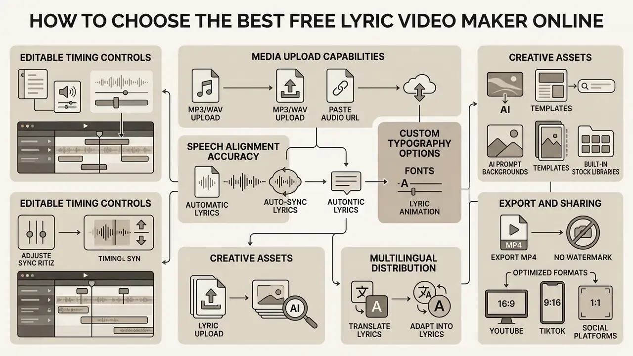 Flowchart outlining key features like media upload, speech alignment, typography, and export options
