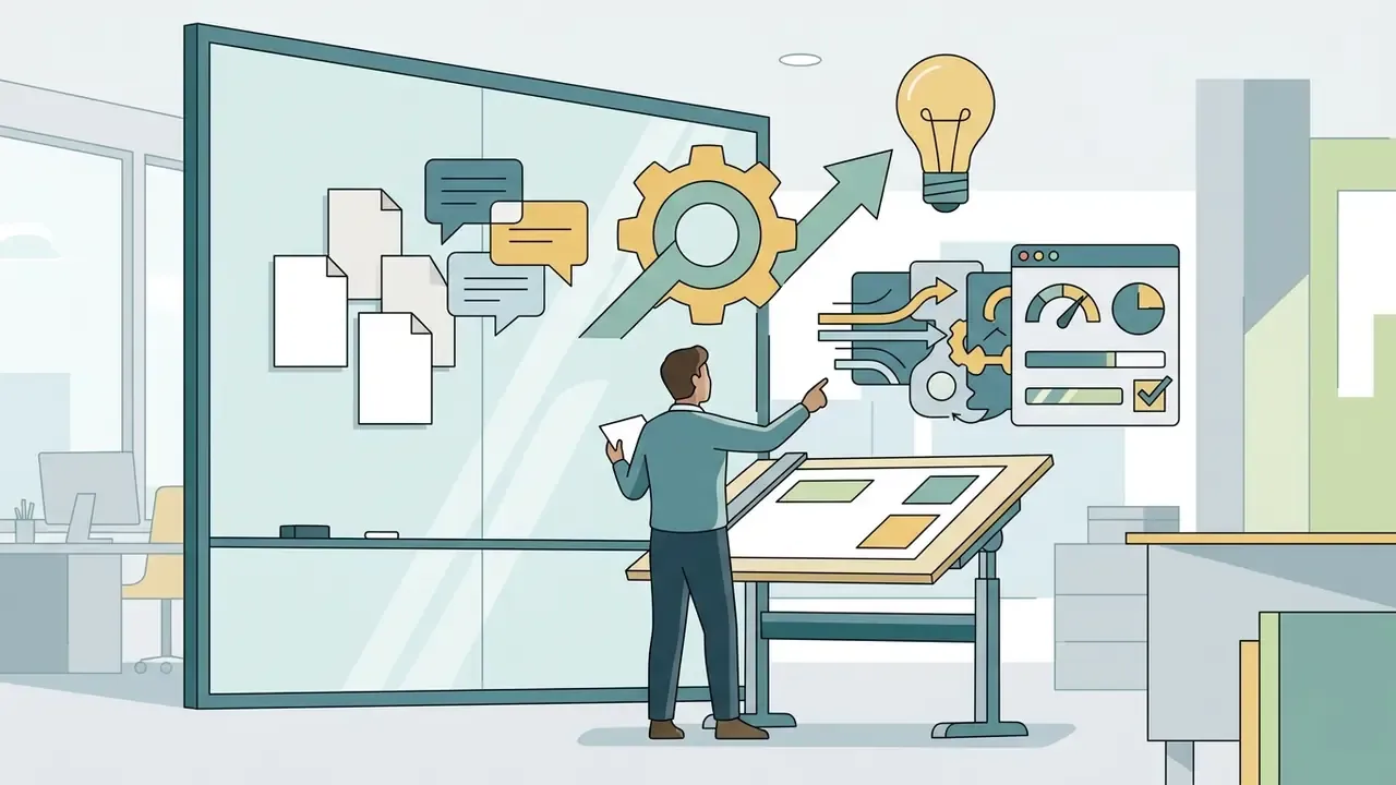 Person at a drafting table pointing to floating icons of gears, lightbulbs, and data processing charts