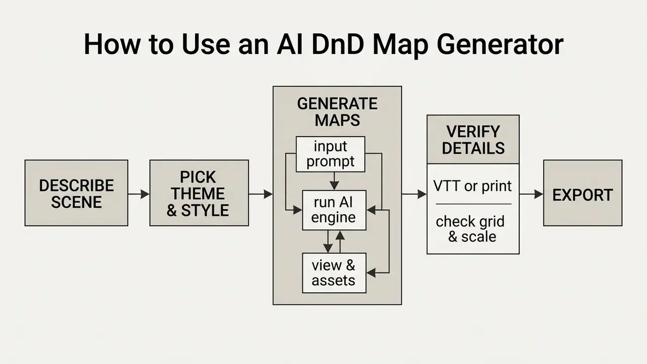Sequential process flow for an AI DnD map maker from initial scene description to final file export