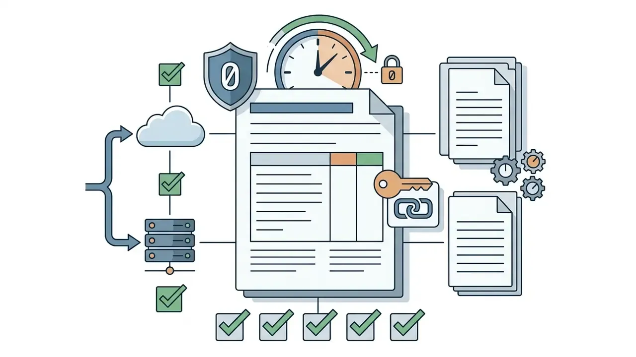 Document showing cloud and server processing paths with security icons for data retention and access