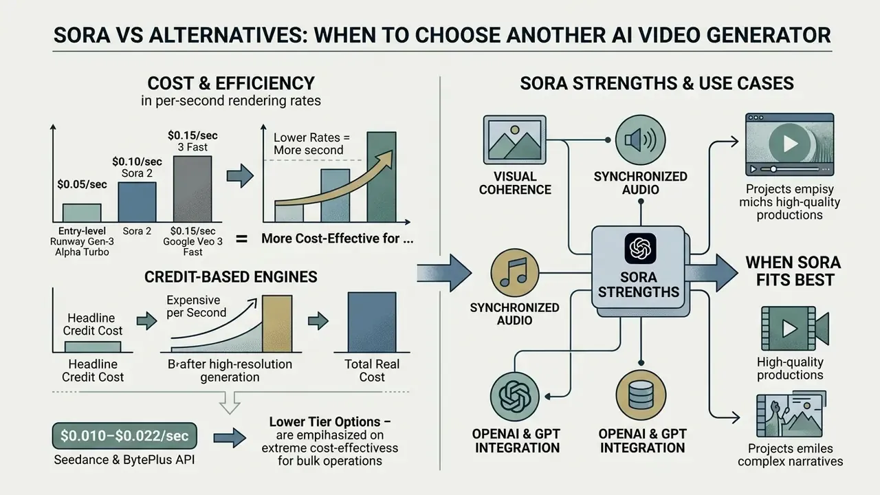 Comparison of rendering costs and model strengths for video generation tools and their specific use cases