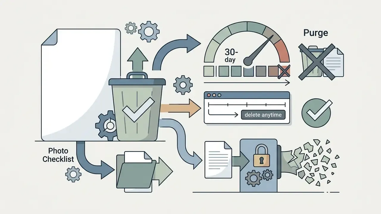 Icons of a document and trash bin showing automated purging and manual deletion processes for data